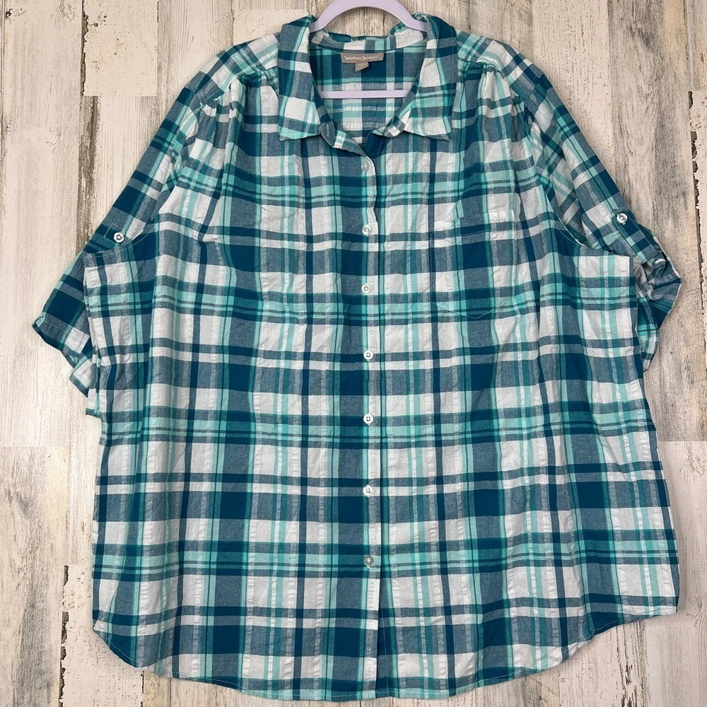 Woman Within‎ Button Up Shirt Women's 3X Short Sleeve Blue Plaid Casual Top
